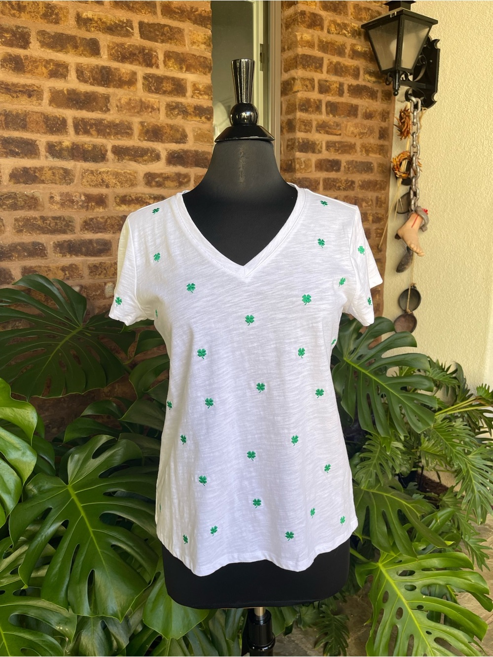 Women's White V-Neck Short Sleeve Tee with Green Clover Print